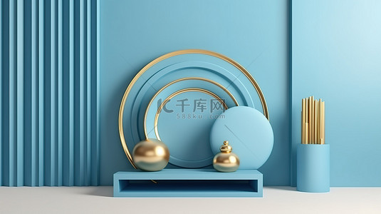 优雅的几何背景与金色线条简约的浅蓝色 3d 奢侈品展示