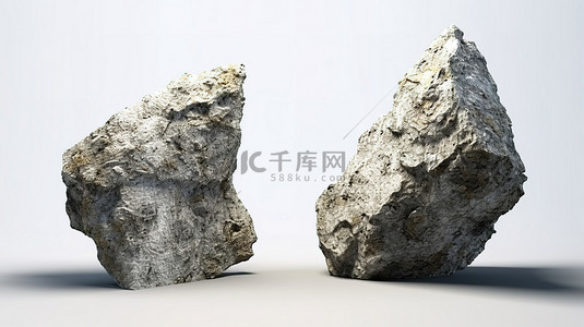 落石背景图片_白色工作室中的真实岩石一对在 3D 渲染中捕获的孤立的石头