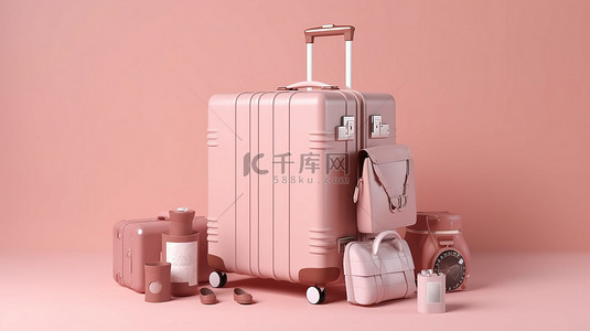 配饰背板背景图片_旅行者的必需品手提箱，配有淡粉色旅行场景的配饰