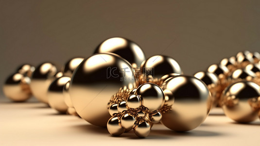 米色背景上漂浮在 3D 渲染中的抛光金色金属球