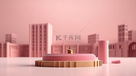 木制饰品背景图片_天房的粉色建筑和 3D 粉色背景上的木制讲台