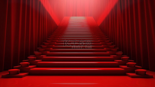 红色楼梯与猩红色地毯的充满活力的 3D 渲染