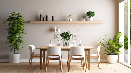 餐厅室内背景背景图片_餐厅的 3D 渲染，配有吊灯植物冰箱和餐桌套装