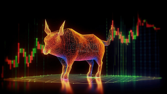 金融深色背景图片_3D 渲染看涨市场，带有发光的全息图和外汇图表，深色背景贸易和投资概念