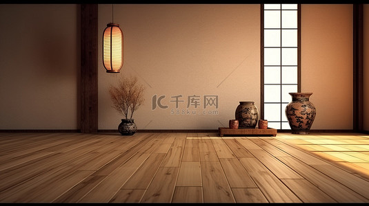 日式榻榻米背景图片_宁静的日式风格房间，采用简约的装饰和传统的榻榻米地板，并配有柔和的灯光 3D 渲染