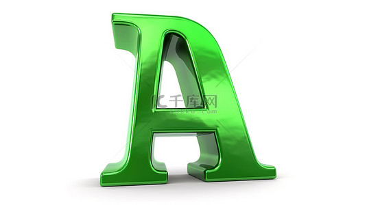 白色背景中的小“a”，光滑的阳极氧化绿色 3D 字体，表面柔和
