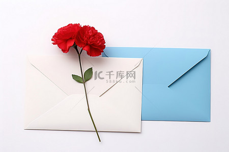 两个信封，中间有红色康乃馨和白色康乃馨