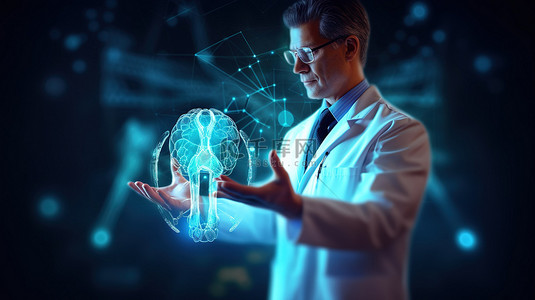 科创板海报背景图片_先进的医疗保健网络 3D 医生插图和全息图治疗展示创新和技术