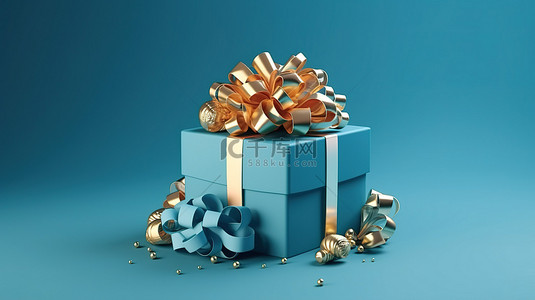 蓝色背景，丝带系圣诞节和元旦礼盒 3D 渲染
