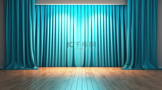 剧院或家庭影院室中的木地板和蓝色窗帘 3D 渲染插图