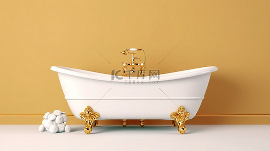浴缸水背景图片_复古风格的独立背景，带有金色腿上白色浴缸的 3D 渲染