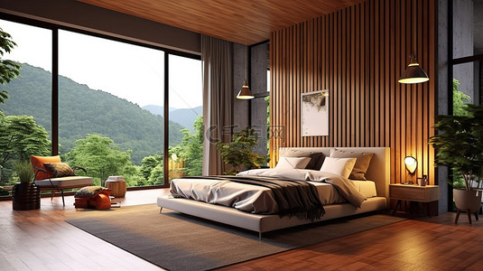 现代阁楼卧室，可欣赏 3D 自然风景