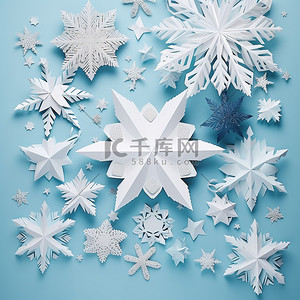 圣诞节框架背景图片_蓝色和白色雪花中的纸雪花与圣诞节背景