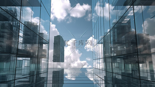 未来派建筑 3D 渲染中具有云反射的创新摩天大楼