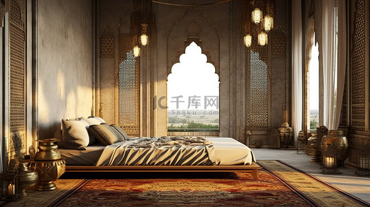 旅游酒店背景图片_中东阿拉伯风格卧室的 3D 渲染