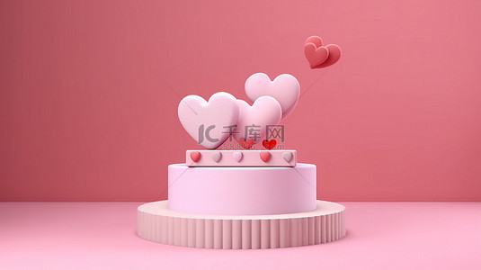 优雅的演示讲台，粉红色背景上有心形和礼品盒，非常适合母亲节情人节或生日庆祝活动 3D 渲染