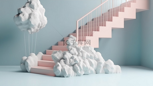 像棉花糖一样的云的 3D 渲染漂浮在抽象大理石楼梯上方