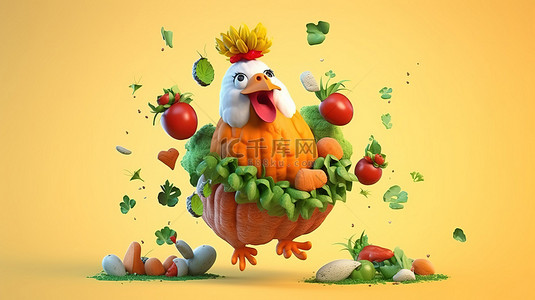 搞笑的 3D 鸡艺术品与盘旋的蔬菜