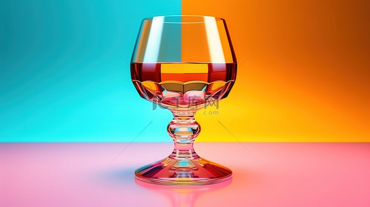 高脚杯酒杯背景图片_彩色表面，带有 3D 玻璃高脚杯，用于干邑白兰地和威士忌