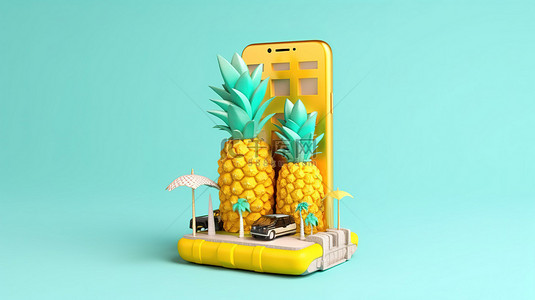 3D 插图使用您的智能手机预订菠萝中的热带暑假
