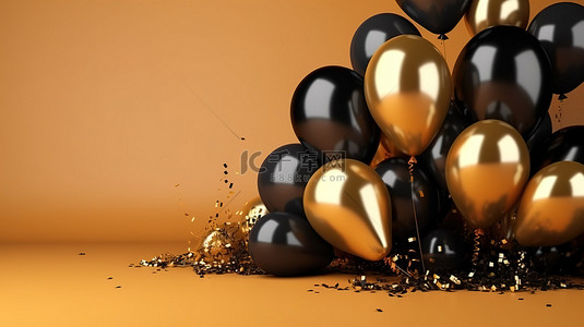 3d 渲染金色气球在逼真的黑色背景上的庆祝活动