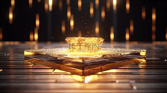 闪闪发光的金色舞台平台，水中有机水晶完美广告模板 3D 渲染