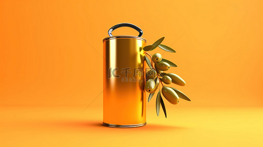 橙色背景橄榄油罐，具有 3D 创建的可定制设计