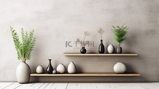 家庭物品背景图片_木柜的 3D 渲染，带有装饰物品和观赏植物，靠在空白的混凝土墙上