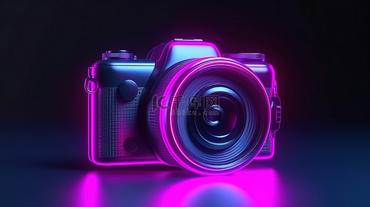 3D渲染的霓虹灯相机图标在黑暗中发光ui ux界面元素