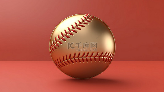 红色哑光金板上的金色棒球图标 3D 渲染的社交媒体符号