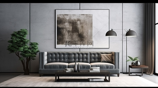 现代沙发和双海报框架增强了客厅的 3D 渲染效果