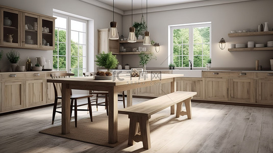 北欧椅子背景图片_3d 中的乡村魅力，带北欧椅子和家具的木制厨房
