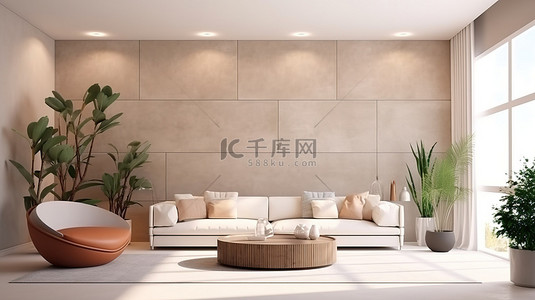现代风格的客厅，拥有舒适的室内设计和简约的白墙纹理 3D 渲染