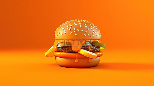 充满活力的橙色背景 3D 渲染上的美味汉堡