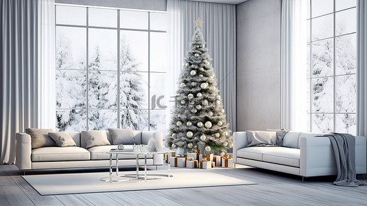 活跃的背景图片_现代客厅因圣诞树 3D 渲染而活跃起来