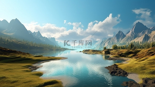 3D渲染山地景观与湖泊的设计背景