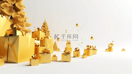 诞背景图片_3d 渲染的礼品盒装饰着俏皮的圣诞树挂饰，闪闪发光的快乐表情符号和充足的复制空间，背景是干净的白色