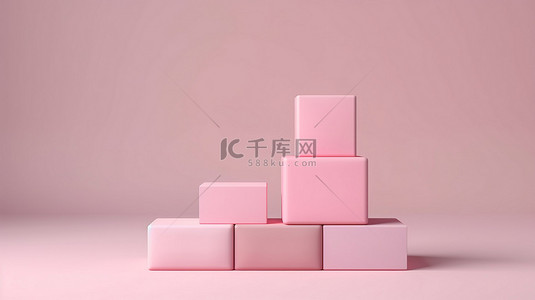 柔和的背景化妆品架，带有五个粉红色块 3D 渲染图像