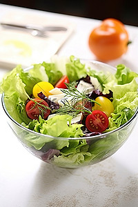 食蔬菜背景图片_一碗新鲜沙拉，下面有一个标志