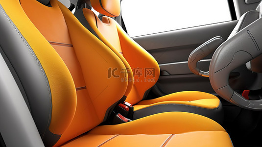 配备安全气囊的汽车座椅，带轮子，在白色背景 3D 渲染上近距离观察