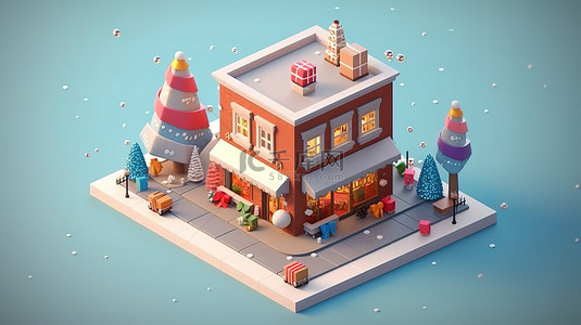 上新卡通背景图片_带有圣诞树和促销横幅礼物的等距商店的 3D 插图