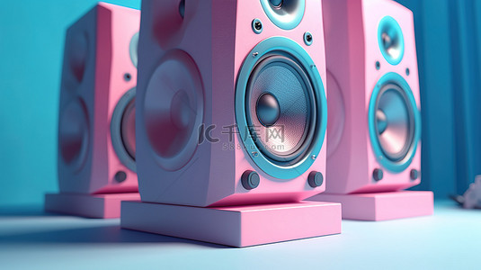 蓝色音响声音背景图片_蓝色背景与双色调粉红色音频工作室扬声器以 3d 呈现
