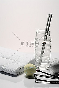 羽毛球背景图片_羽毛球饮料瓶毛巾和白盘上的棍子