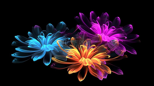 美容创意背景图片_迷人的 3D 数字花卉艺术在深色画布上令人着迷地展示发光花瓣