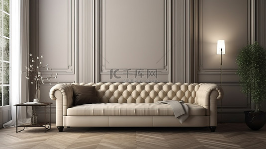 米色真皮沙发和灰白色墙壁，呈现令人惊叹的 3D 室内场景