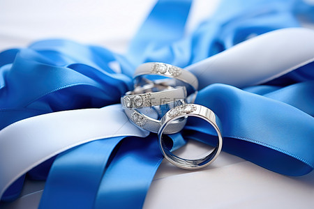 蓝色婚礼丝带，枕头上有戒指