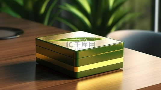 木桌装饰有 3D 渲染金属绿茶盒，带有金色条纹