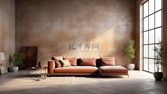 布艺沙发背景图片_时尚阁楼生活 3D 渲染简约设计，配有棕色布艺沙发和混凝土地板