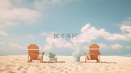 海滨放松 3 个不同尺寸的户外椅子，上面有 3D 渲染的多云天空