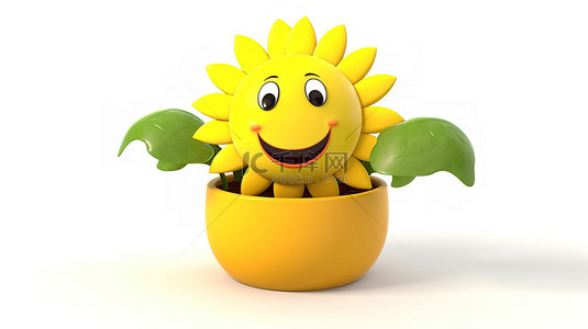 植物卡通盆栽背景图片_白色背景中从花盆中弹出的充满活力快乐的向日葵卡通人物